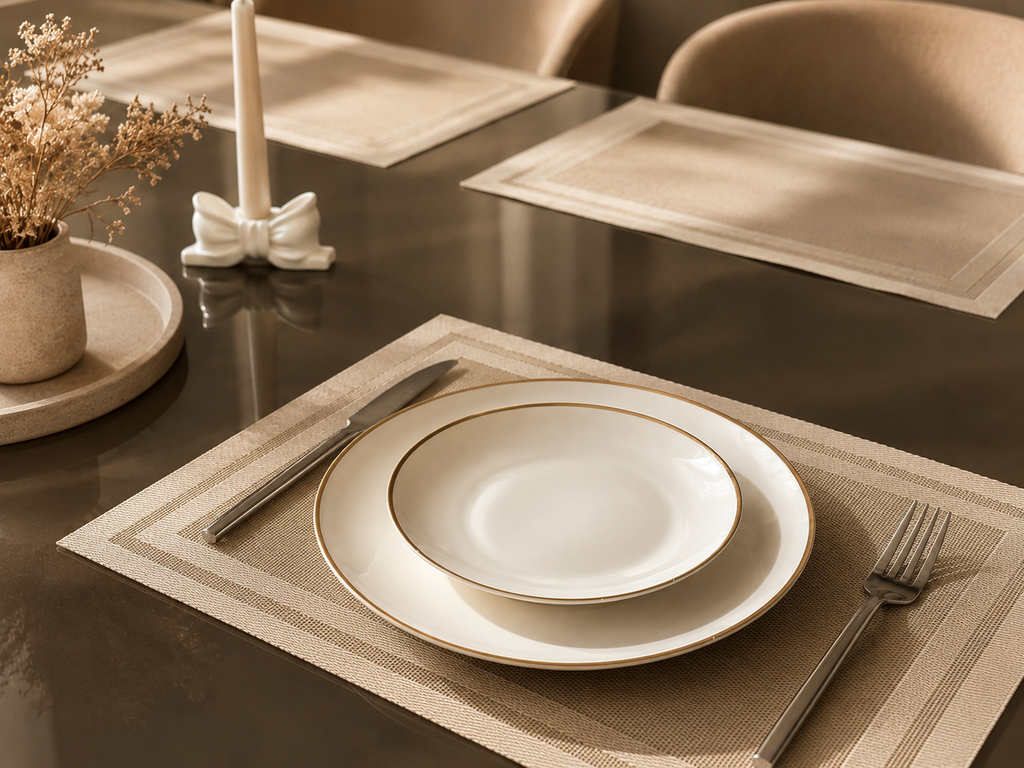 Square light brown woven placemat styled with white gold-rimmed dinnerware on marble surface