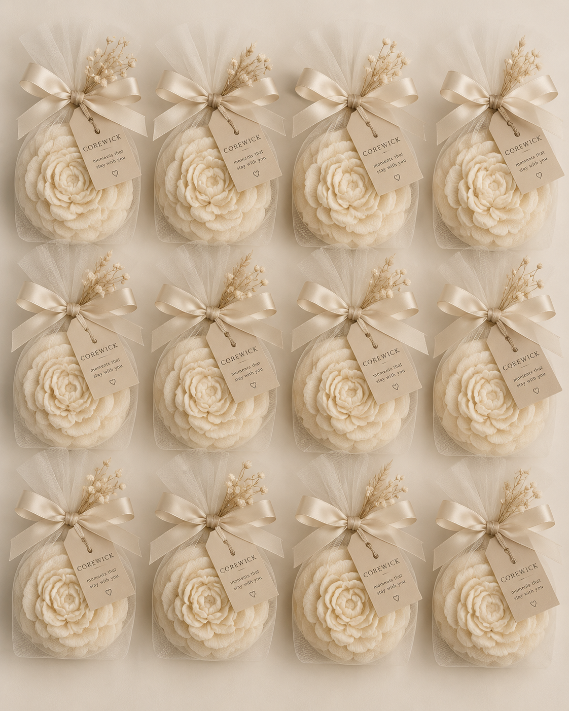 Ivory flower candles in organza bags with satin ribbon and CoreWick gift tags