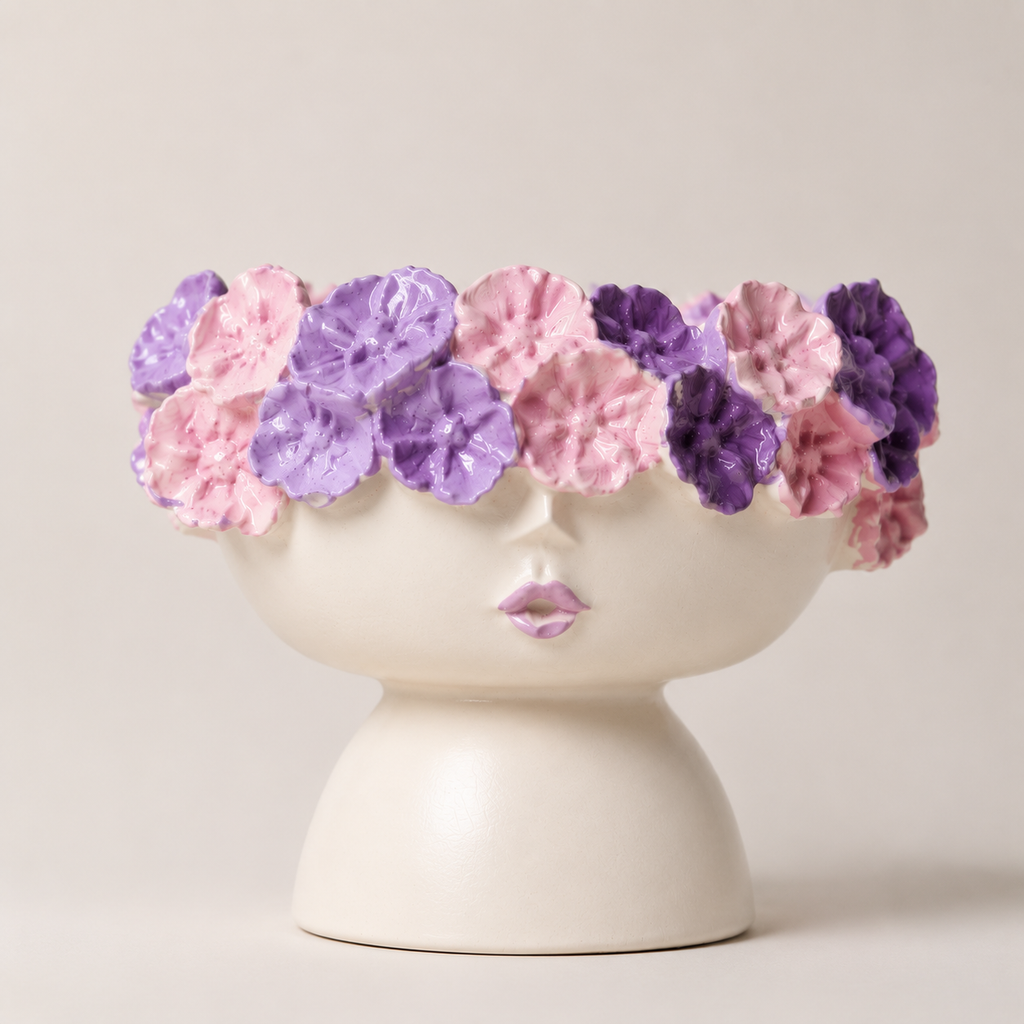 Flower Crown Face Bowl in white with purple and pink flowers
