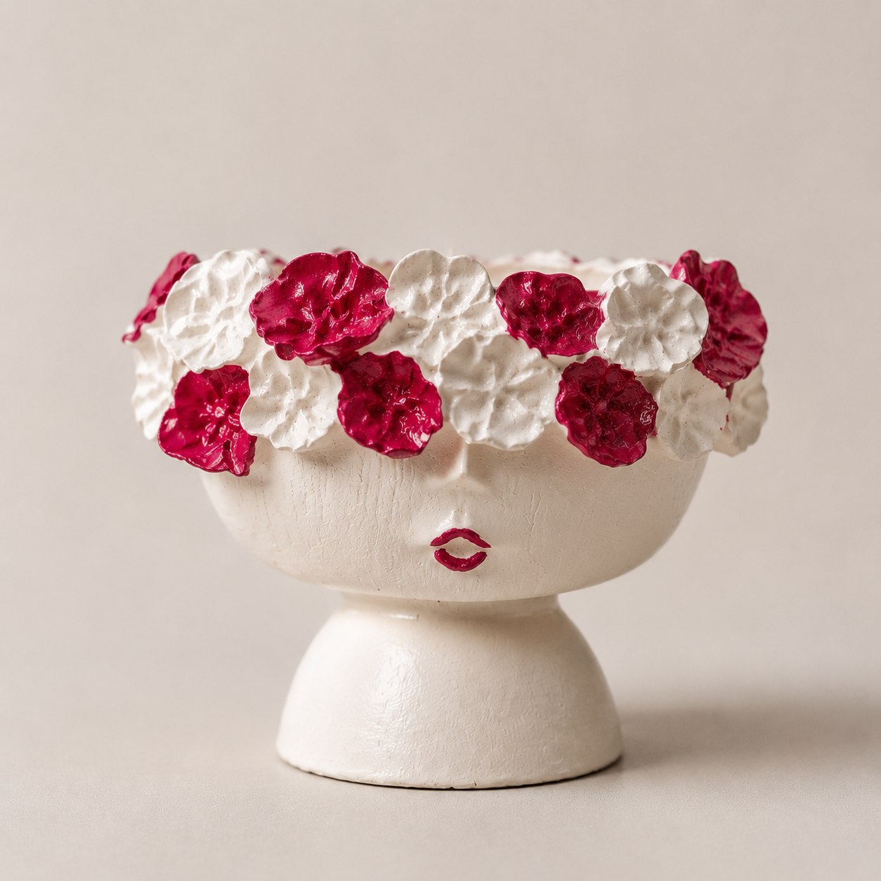 Flower Crown Face Bowl in white with red and white flowers