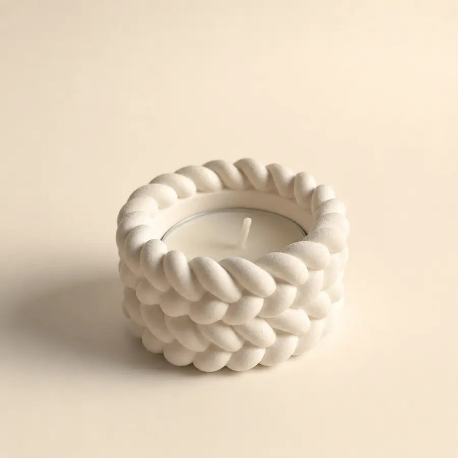 Braided tealight candle holder in matte white